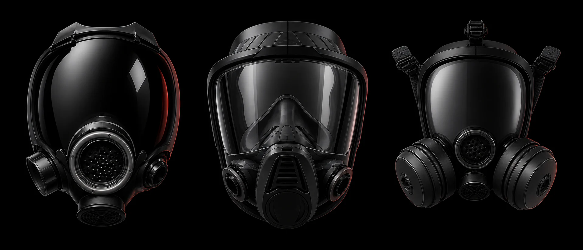 Moderne schwarze 3D-Technikdarstellungen der Masken MSA Millennium, MSA Advantage und Parcil PD-100